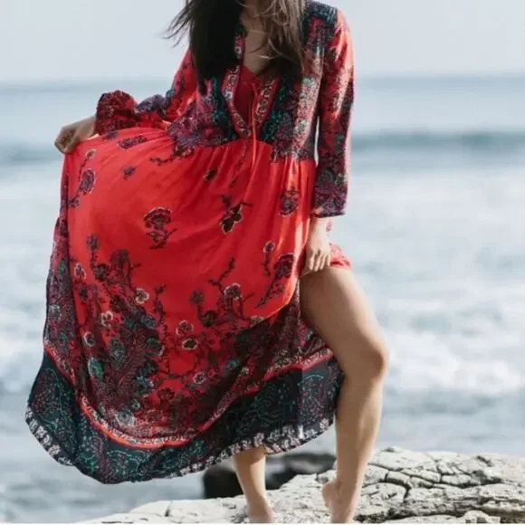 Free People Red Blue XS Paisley Dress - Picture 9 of 10